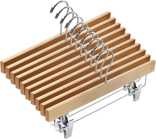 Vista 9 de AMKUFO 20 piezas de perchas de madera para pantalones, perchas sólidas para pantalones con clips ajustables de 14 pulgadas, perchas de madera negra
