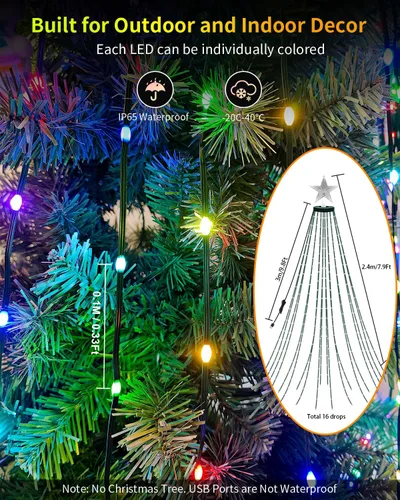Vista 6 de Serie de luces inteligentes para árbol de Navidad, espectáculo de luces LED de cambio de color DIY, 7.9 pies, 200+ escenas, cascada de luces