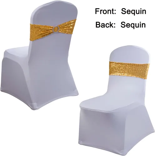 Vista 3 de Paquete de 50 bandas de lentejuelas doradas para silla, con purpurina, con hebilla para bodas, fiestas de cumpleaños, despedidas de soltera