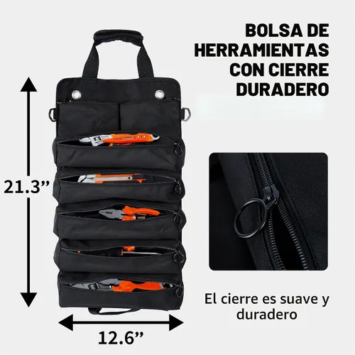 Vista 3 de Bolsa de herramientas portátil plegable enrollable impermeable con 5 compartimentos y 2 bolsillos desmontables, bolsa de herramientas resistente