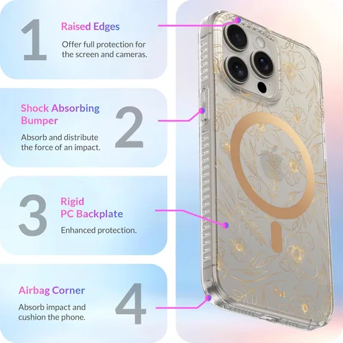 Vista 5 de LONLI Hue - para iPhone 15 Pro [Compatible con Magsafe] - Funda de teléfono floral dorada - [Amortiguador de 360° absorbente de impactos] - Funda
