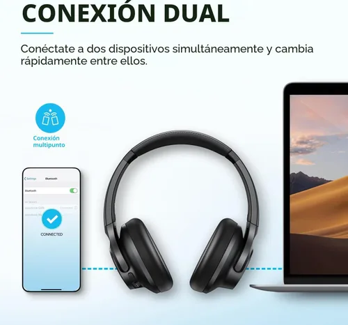 Vista 7 de Soundcore by Anker Q20i Auriculares híbridos con cancelación activa de ruido, Bluetooth inalámbrico supraaurales, 40H de reproducción prolongada