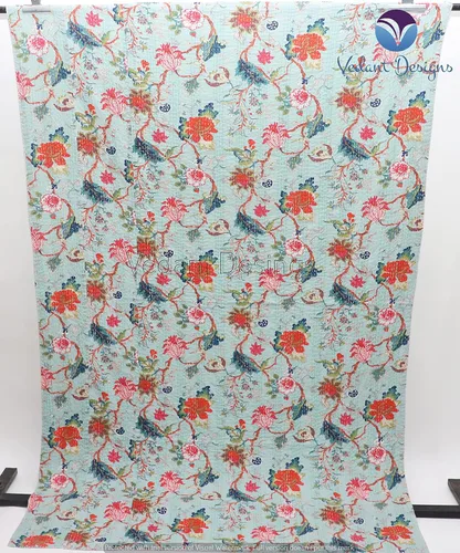 Vista 4 de Colcha Kantha de algodón puro hecho a mano con bloques indios y florales, tamaño individual/queen, colcha bohemia Kantha (verde claro, Queen)