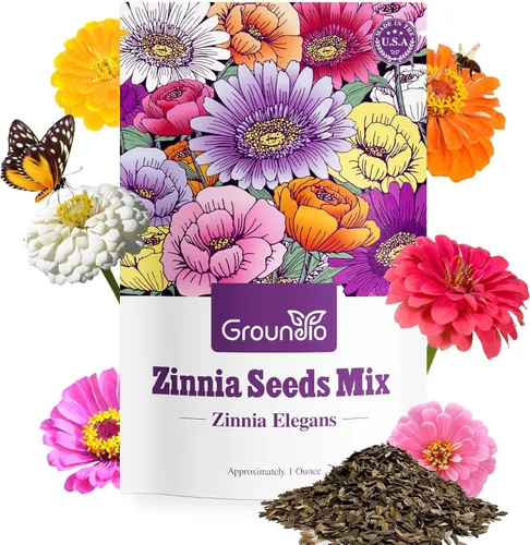 Groundio Mezcla de semillas de Zinnia, 1 onza, más de 3,000 semillas de flores, 5 variedades (rosa, amarillo, naranja, blanco, púrpura), colores