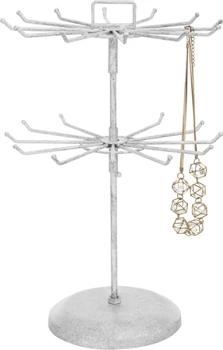 MyGift Organizador giratorio de metal blanco de 2 niveles para collares y pulseras, soporte de joyería con 24 ganchos, accesorio multiusos y estante