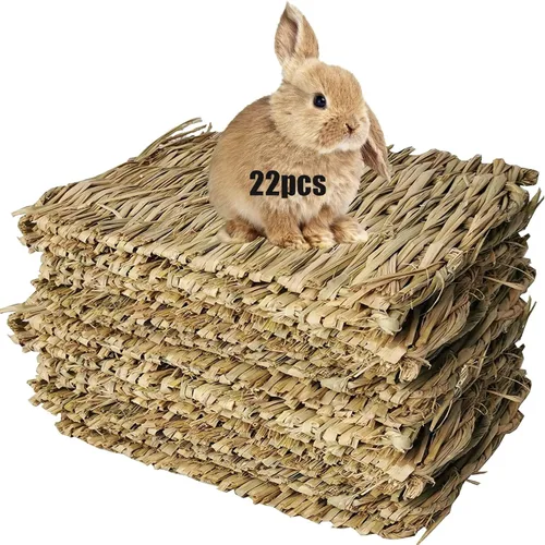 Vista 9 de Hamiledyi Paquete de 18 alfombrillas tejidas con hierba de conejo, paja natural, esteras de heno hechas a mano, ropa de cama para dormir, molienda