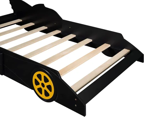 Vista 5 de Marco de cama, cama de plataforma en forma de auto de carreras de tamaño individual con ruedas, marco de cama de plataforma de madera con listones