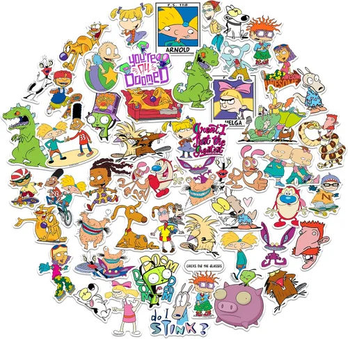 Nickelodeon - Paquete variado de 50 calcomanías de vinilo troquelado de los años 90, tamaño grande, calcomanías de personajes de dibujos animados