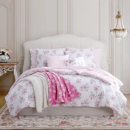Vista 9 de Shabby Chic® - Juego de edredón de 3 piezas tamaño Queen, ropa de cama de algodón suave con fundas a juego, decoración romántica con volantes