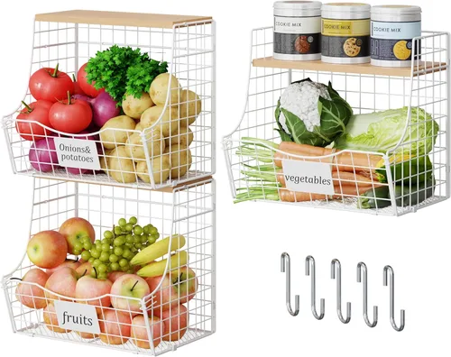 Vista 11 de Paquete de 3 cestas de frutas para cocina con tapa de madera - Almacenamiento de cebollas y papas montado en mostrador y pared con placa
