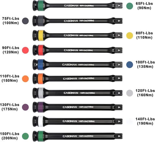 Vista 3 de CASOMAN Juego de 10 barras de extensión de par codificadas por colores de 8 pulgadas de longitud de 1/2 pulgadas, 65 a 150 pies-libras