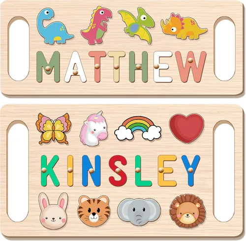 Vista 13 de Rompecabezas personalizado con nombre para niños pequeños de 1 a 3 años, bloques de madera con letras, números y formas, regalos personalizados