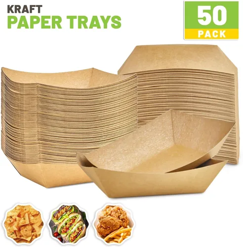 Vista 3 de ZORRITA - Bandejas de papel para comida de 3 libras - Pack de 50 bandejas desechables para nachos, bandejas de papel kraft para tacos, cestas