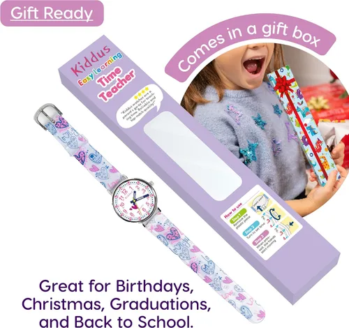 Vista 3 de Relojes Kiddus para niños y niñas de 6 a 12 años, didácticos, de cuarzo analógico con ejercicios. Movimiento de cuarzo japonés. Fácil de leer