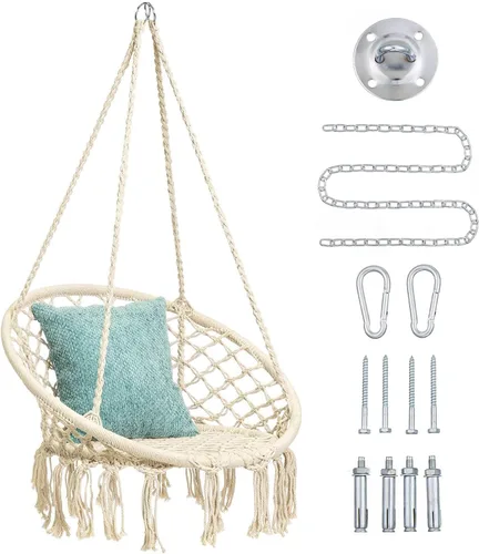 Vista 9 de Hamaca de macramé con kits de herramientas, silla colgante de punto hecha a mano para dormitorio, interior, exterior, balcón, patio, porche