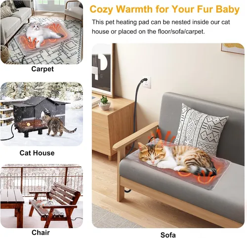 Vista 7 de Texsens Almohadilla térmica para gatos – Cama térmica para mascotas con cable resistente a los mordiscos y funda suave extraíble – Se adapta a casa