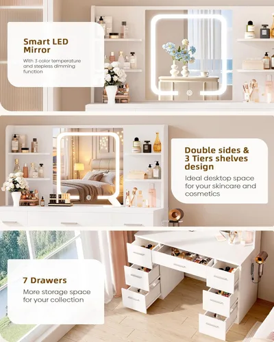 Vista 12 de LIVELYGLOW Escritorio de maquillaje grande blanco con espejo LED inteligente y estación de energía, tocador profesional de 43 pulgadas con 7