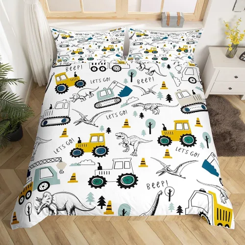 Vista 3 de Juego de ropa de cama de construcción tamaño matrimonial para niños, con dibujos animados, excavadora, tractor, juego de funda de edredón