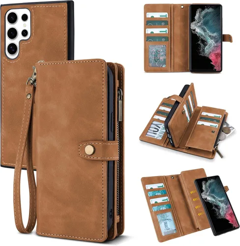 Vista 12 de TwoHead Funda tipo cartera para Samsung Galaxy S22 Ultra con tarjetero y funda magnética desmontable, funda de cuero con protección completa