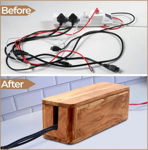Vista 7 de Caja grande de gestión de cables - Madera de acacia - Caja organizadora de cables y caja de tira de alimentación para la gestión de cables