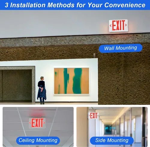 Vista 5 de Señal de salida LED rojo/verde, luz de salida de emergencia comercial con batería de respaldo, doble cara, calificación UL 924, CA 120/277V, luces