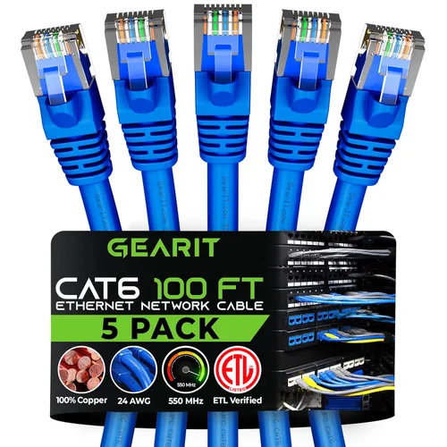 Vista 12 de GEARit Paquete de 5 cables Ethernet Cat6 de 100 pies Cable de conexión de red RJ45, conectores chapados en oro sin enganches de 10 Gbps - Cable