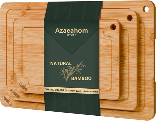 Vista 15 de Tabla de cortar de bambú para cocina, tabla de cortar grande de madera de 17 pulgadas con ranuras para jugo y asas integradas, fácil almacenamiento