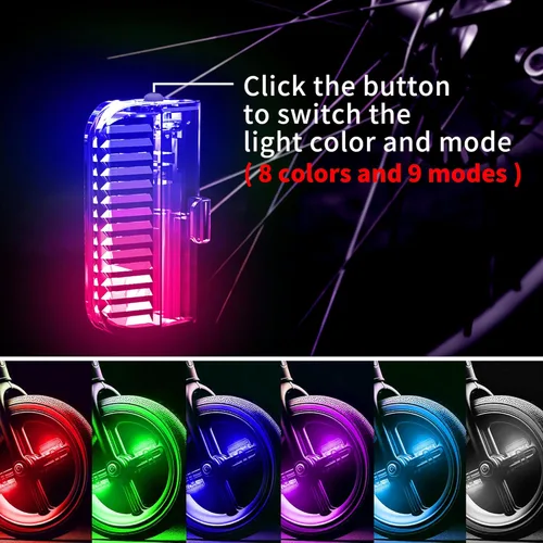 Vista 5 de Paquete de 4 luces recargables para ruedas de bicicleta, para adultos, niños, 7 colores variables, sensor de movimiento, se adapta a todos