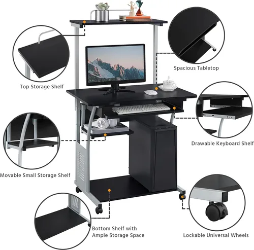Vista 4 de Yaheetech Escritorio de computadora móvil de 2 niveles con estante para impresora y bandeja para teclado, mesa de computadora rodante para espacios
