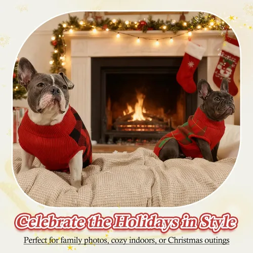 Vista 5 de QBLEEV Suéter navideño clásico a cuadros para perro, suéter elástico cálido con agujero para correa, suéteres de Navidad de cuello alto