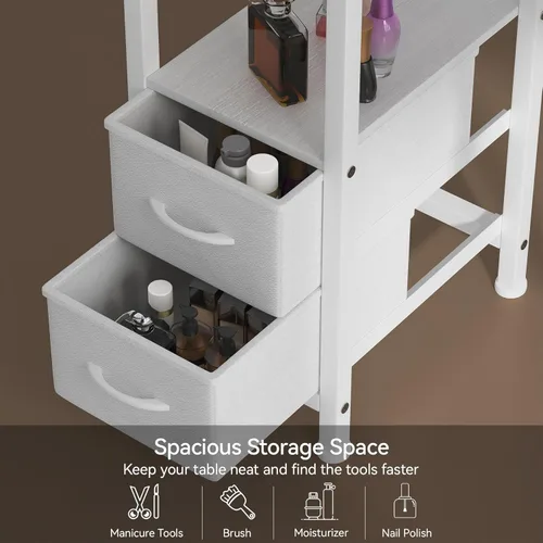 Vista 7 de Mesa de manicura para técnico de uñas, estación de mesa para técnico de uñas con 4 cajones de almacenamiento y 2 estantes abiertos, mesa de uñas