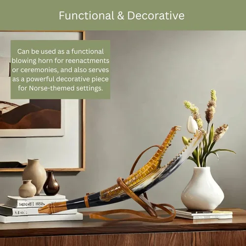 Vista 7 de Corneta vikinga soplada con soporte, cuerno de guerra de cuerno de buey tallado a mano con diseño de cabeza de dragón y correa de cuero, accesorio