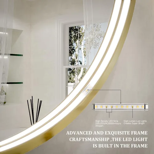 Vista 8 de Espejo LED redondo de 28 pulgadas para baño, espejo de tocador iluminado con marco de metal dorado, círculo montado en la pared con luces