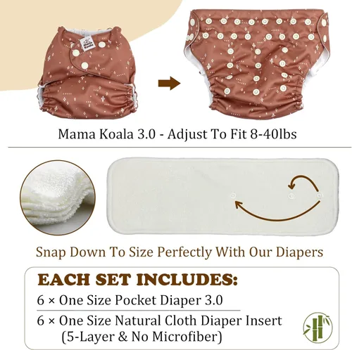 Vista 4 de Mama Koala 3.0 Baby Cloth Diapers with 6 Inserts Bundle, with 2 Pack Reusable Hanging Wet Dry Bag