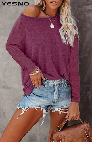 Vista 2 de YESNO TY2 - Camisas de manga larga sueltas para mujer, cuello redondo, color liso, sudaderas con bolsillo
