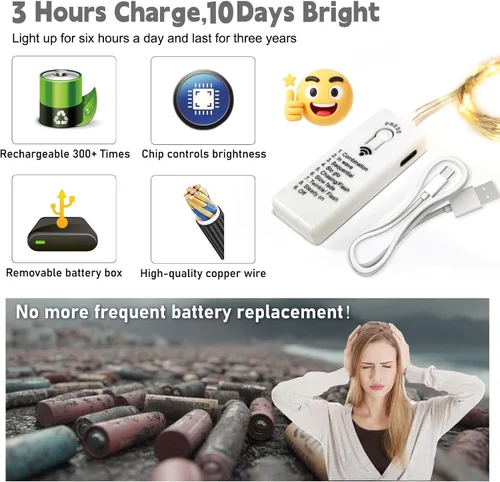 Vista 2 de ZSJWL Paquete de 6 luces de hadas recargables con control remoto y temporizador DIY, 7 pies, 20 luces LED de cadena de batería mini, luces