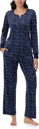 Nautica Conjunto de Pijamas para Mujer, Camisa de Pijama Henley de Manga Larga y Pantalones, Conjuntos de Ropa de Dormir y Descanso de Vellón Cálido