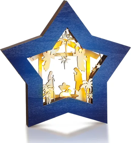 Juego de belén de madera, juego de mesa de belén de Navidad, adorno de Navidad, decoraciones rústicas religiosas cristianas con luz LED para