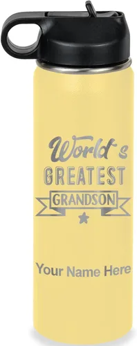Vista 12 de LaserGram Personalized Water Bottle, World's Greatest Grandson, Stainless Steel Double Wall Vacuum Insulated with Flip Top Straw, Custom Engraved