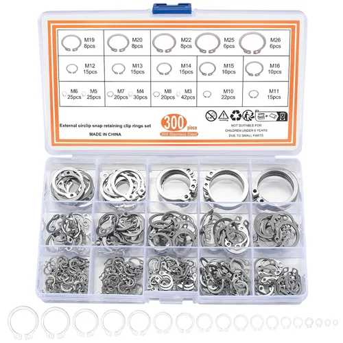 Juego de 300 anillos de retención, kits de anillos de presión internos, anillos de clip de retención externos de acero inoxidable, 18 tamaños, juego