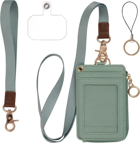 Vista 14 de Mondo Designs Soporte de tarjetas de ID 2 en 1, cartera chica multiusos, correa de muñeca extraíble, cordón para cuello, ventana clara, 5 ranuras
