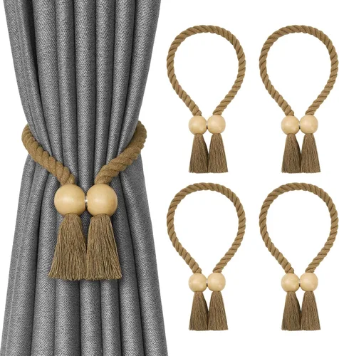Vista 10 de NICEEC 6 Pack de alzapaños magnéticos de bola de madera para cortinas, decoración boho para el hogar, lazos de cortina tejidos a mano con cuerda