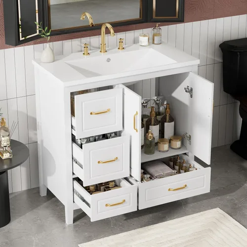 Vista 16 de Harper & Bright Designs Tocador de baño de 24 pulgadas con lavabo, tocador de lavabo individual independiente con una puerta y 3 cajones de cierre