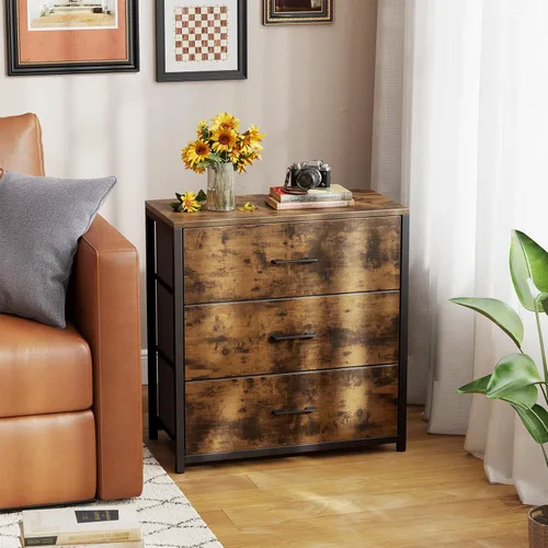 Vista 7 de Memobarco - Mesita de noche, mesa auxiliar, mesa de cabecera, cómoda pequeña y alta para dormitorio con 3 cajones de almacenamiento, cómoda de tela