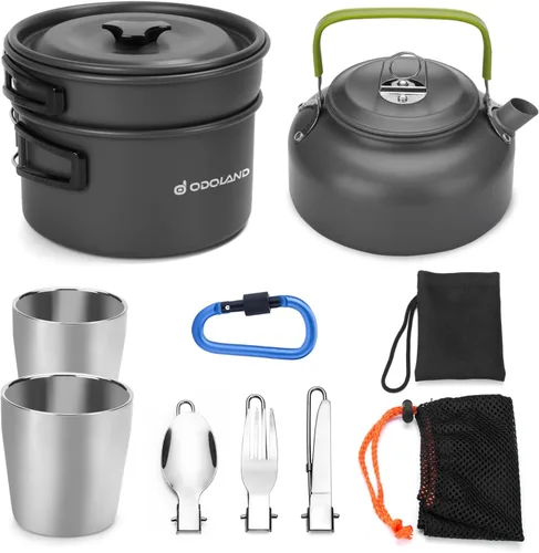 Odoland Kit de utensilios de cocina para camping, olla ligera con 2 tazas, kit de cuchara de tenedor de acero inoxidable, gris para mochileros,
