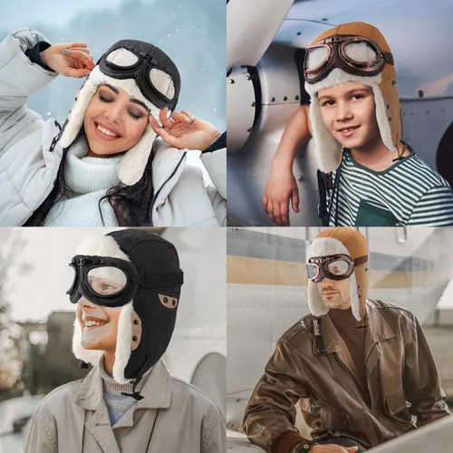Vista 2 de Peicees Sombrero de aviador y gafas de trampero, accesorios de disfraz, gorra de soldado Ushanka con solapa de piel para orejas