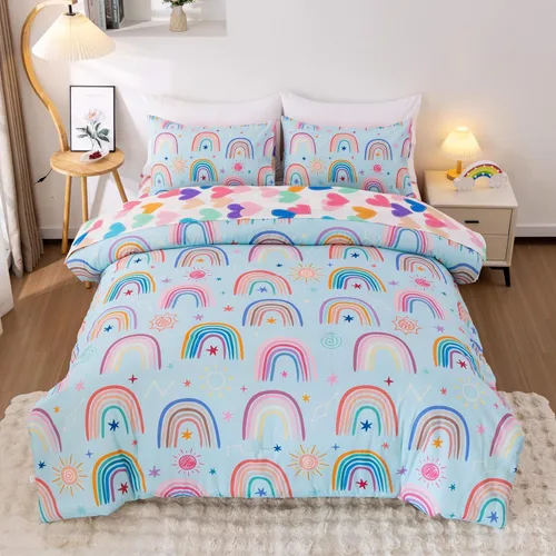 Vista 19 de Btargot Juego de edredón de 3 piezas para niños con 2 fundas de almohada, corazones de amor de dibujos animados, soles y estrellas, juego de ropa