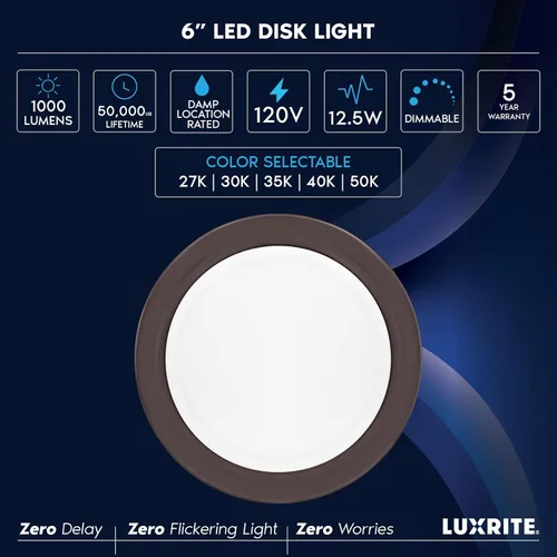 Vista 7 de LUXRITE Lámparas de disco LED de 6 pulgadas, lámpara de techo empotrable regulable, 5CCT seleccionables 2700K 3000K 3500K 4000K 5000K, 12.5W, 1000LM