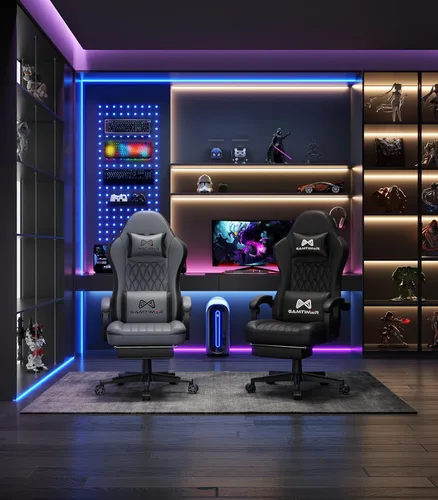 Vista 3 de Silla de juegos con reposapiés, silla ergonómica para computadora, material transpirable de poliuretano con reposacabezas y soporte lumbar, adecuada