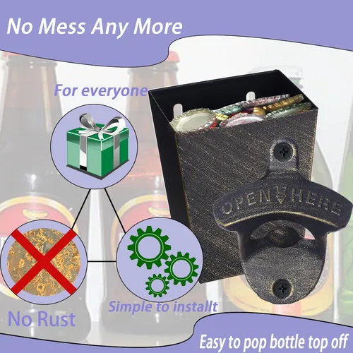 Vista 8 de Abridor de botellas de cerveza antiguo montado en la pared con tapa colector de tapas de acero inoxidable drenado estrecho (bronce envejecido)